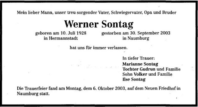 Sontag Werner 1928-2003 Todesanzeige